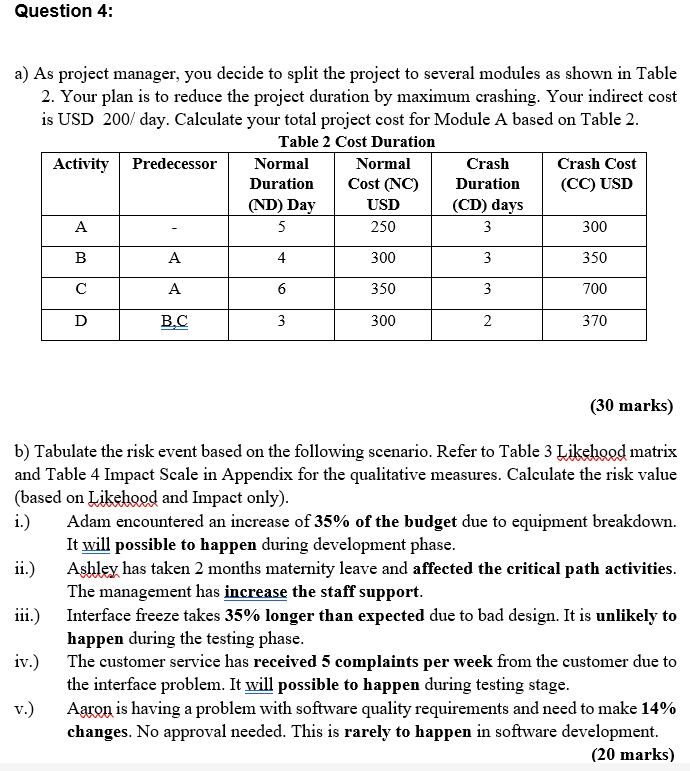 Question 4: a) As project manager, you decide to split the