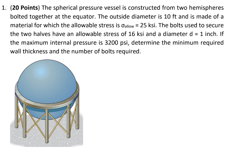  (20 Points) The spherical pressure vessel is constructed from two hemispheres