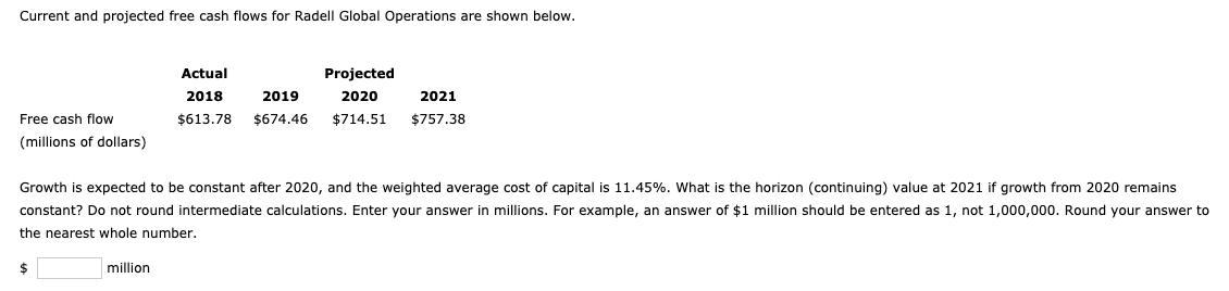  Current and projected free cash flows for Radell Global Operations are