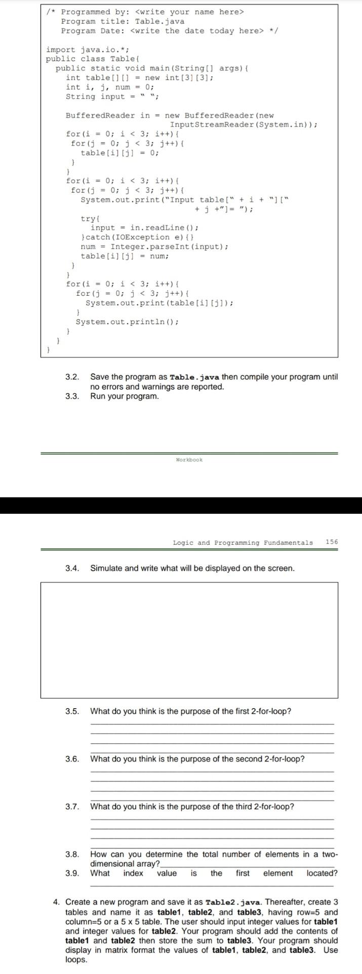 3.2. Save the program as Table.java then compile your program until