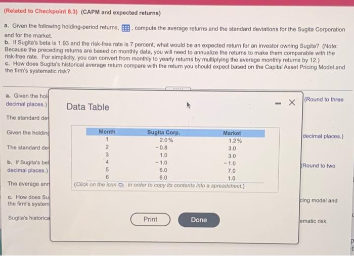  (Related to Checkpoint 8.3) (CAPM and expected returns) a. Given the