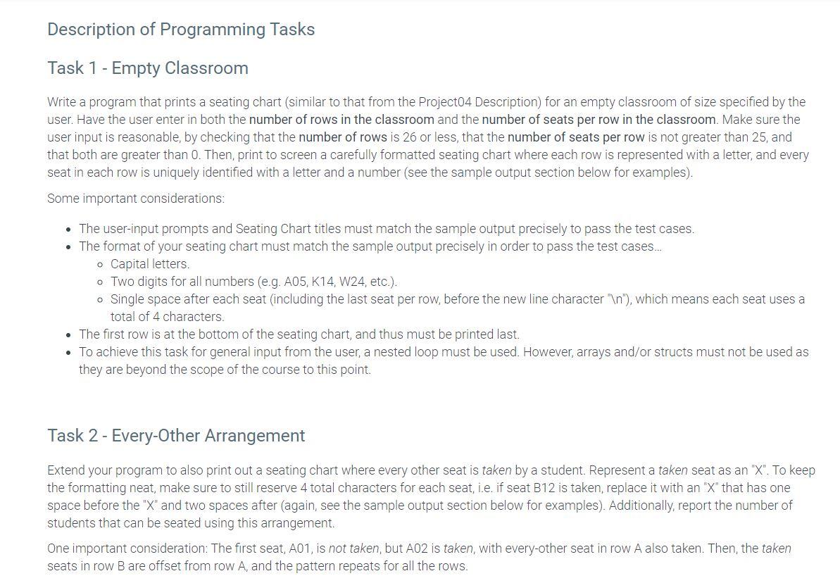 In C language with 'main' function, please Description of Programming Tasks Task