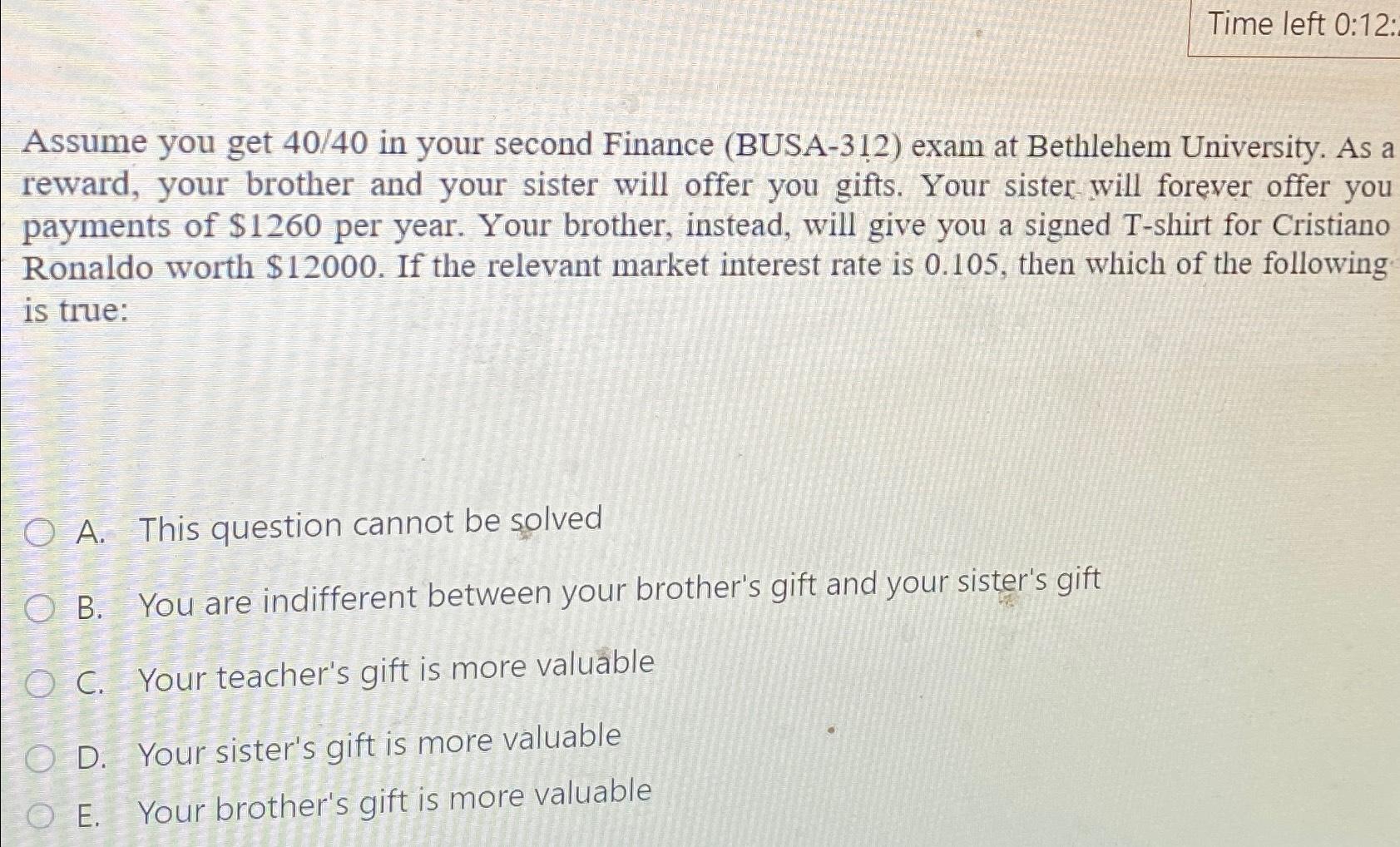  Time left 0:12: Assume you get 40/40 in your second Finance