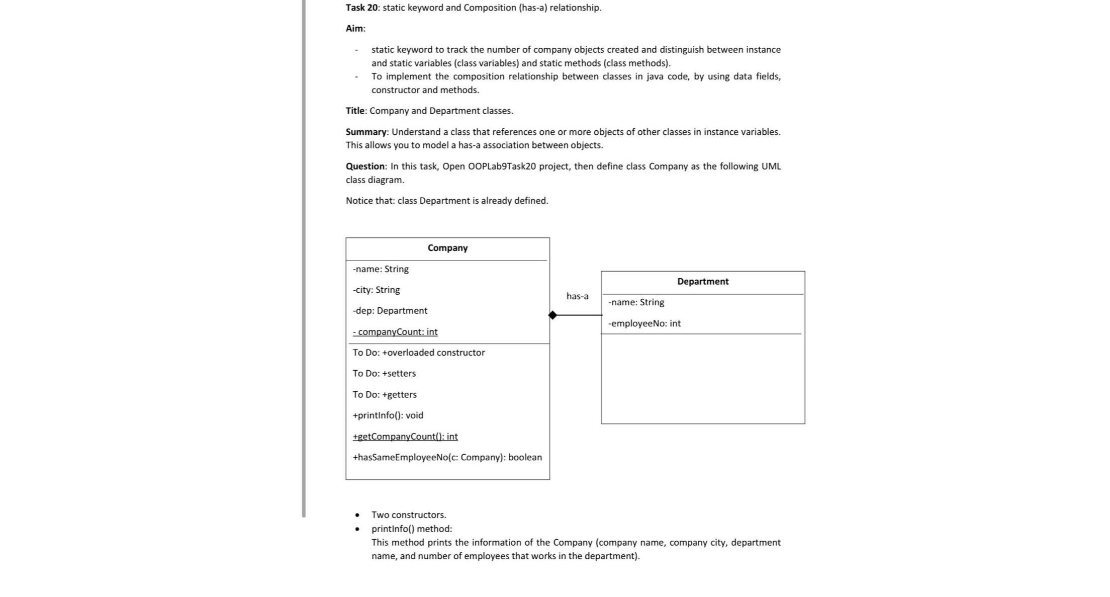  Task 20: static keyword and Composition (has-a) relationship. Aim: static keyword