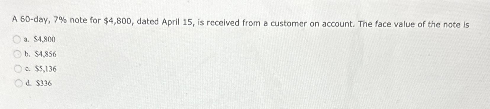  A 60-day, 7% note for $4,800, dated April 15, is received