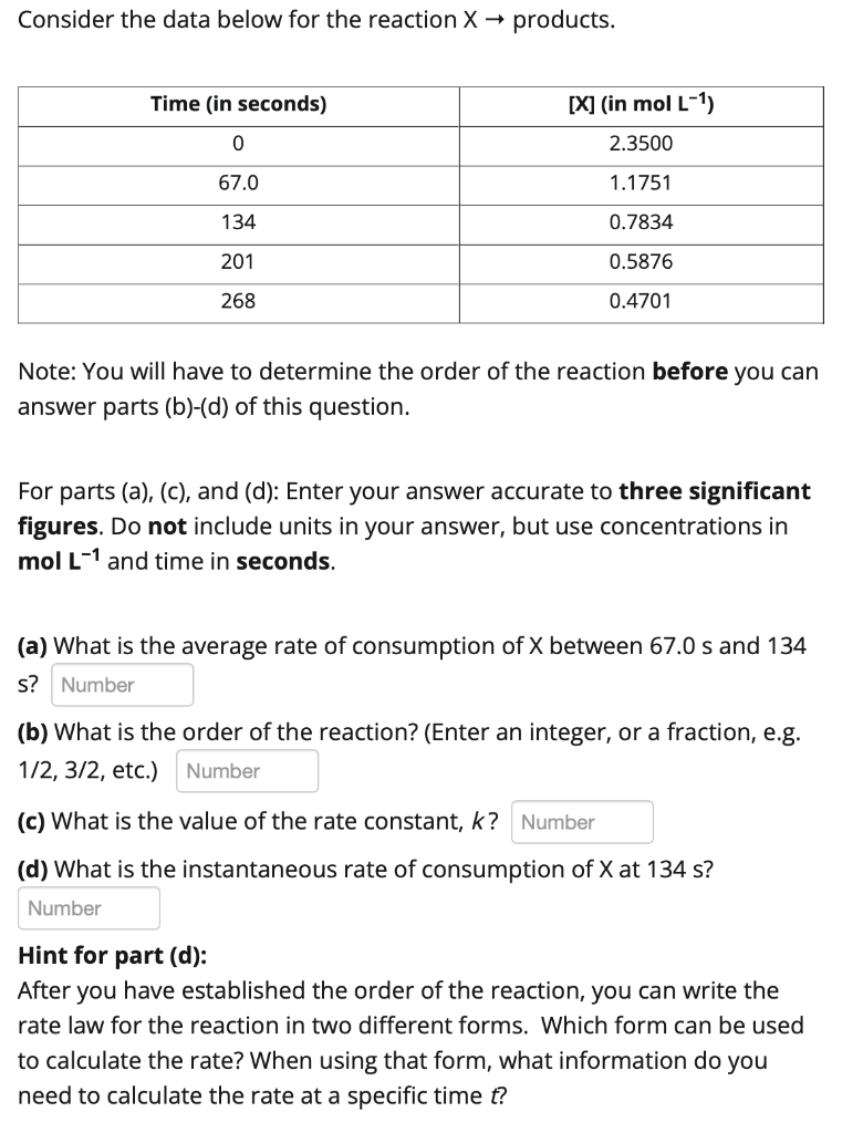 please help Consider the data below for the reaction X products. Note: