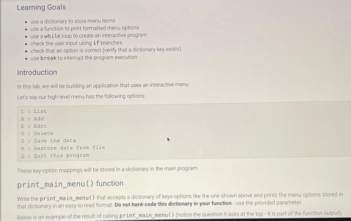 plz follwo the instruction strictlypython Learning Goals - use a dictionary to