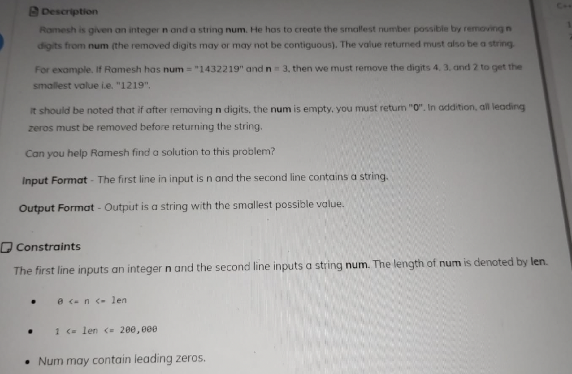  Description Romesh is given an integer n and a string num.