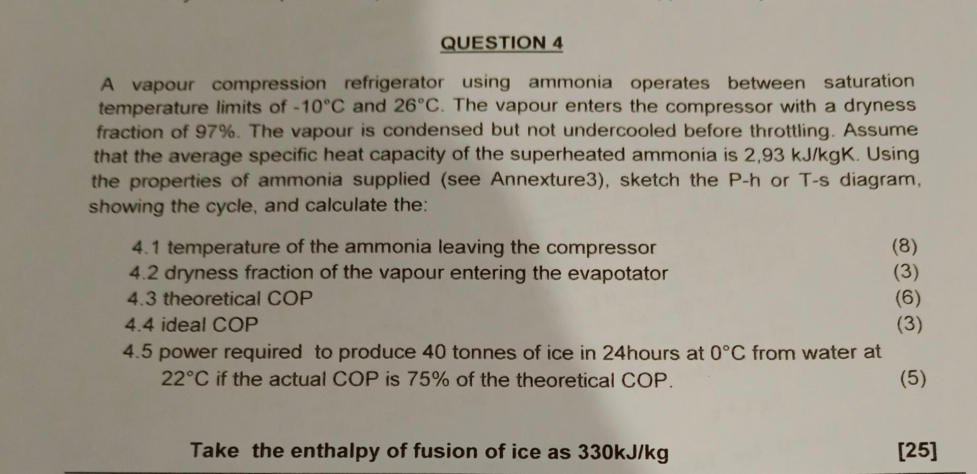  QUESTION 4 A vapour compression refrigerator using ammonia operates between saturation