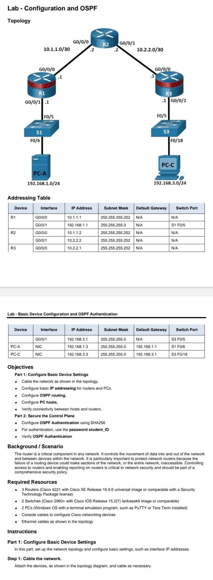  Lab - Configuration and OSPF Topology Addressing Table \table[[Device,Interface,IP Address,Subnet Mask,Default