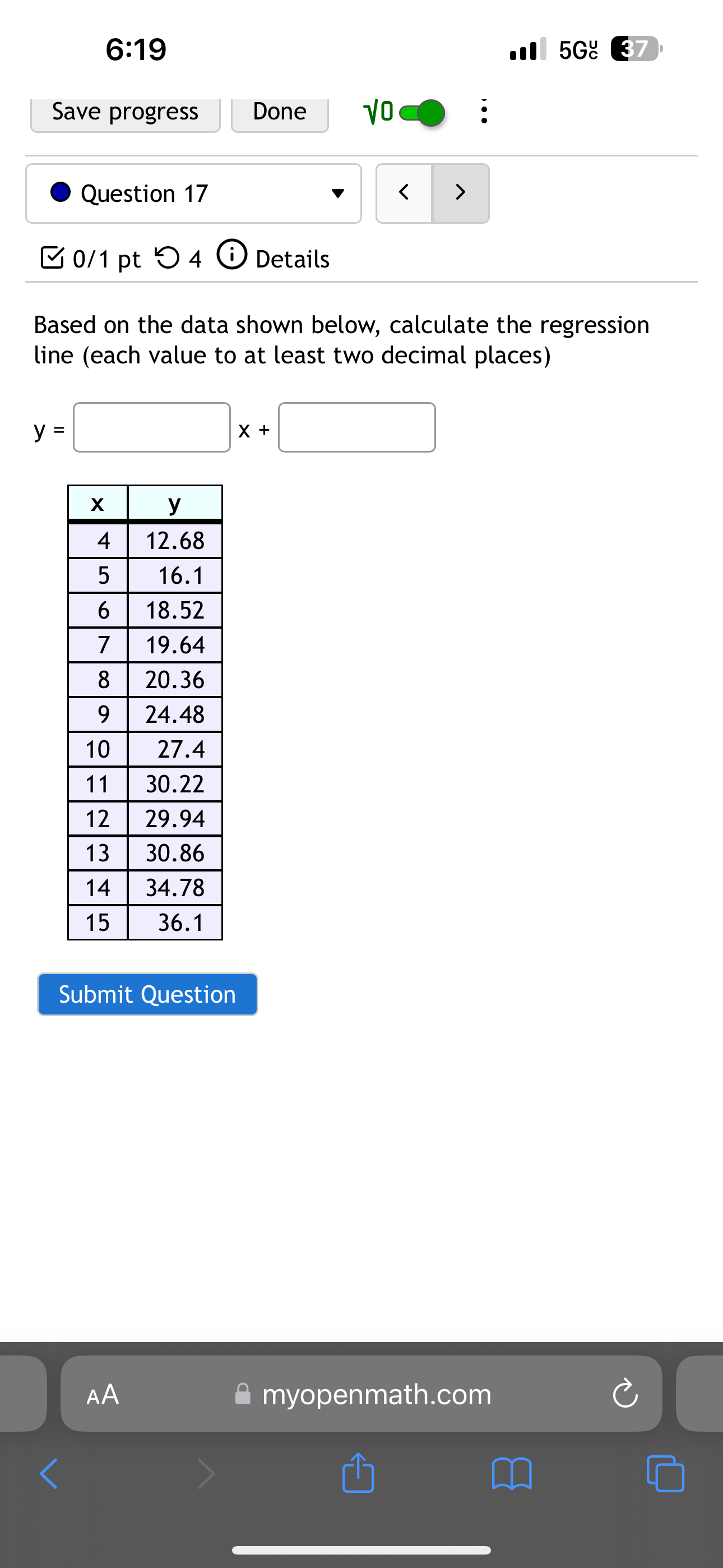 a regression analysis on a bivariate set of data ( n =