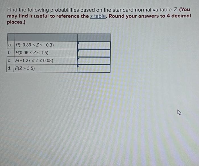  Find the following probabilities based on the standard normal variable Z.