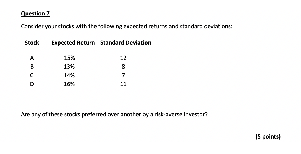  Question 7 Consider your stocks with the following expected returns and