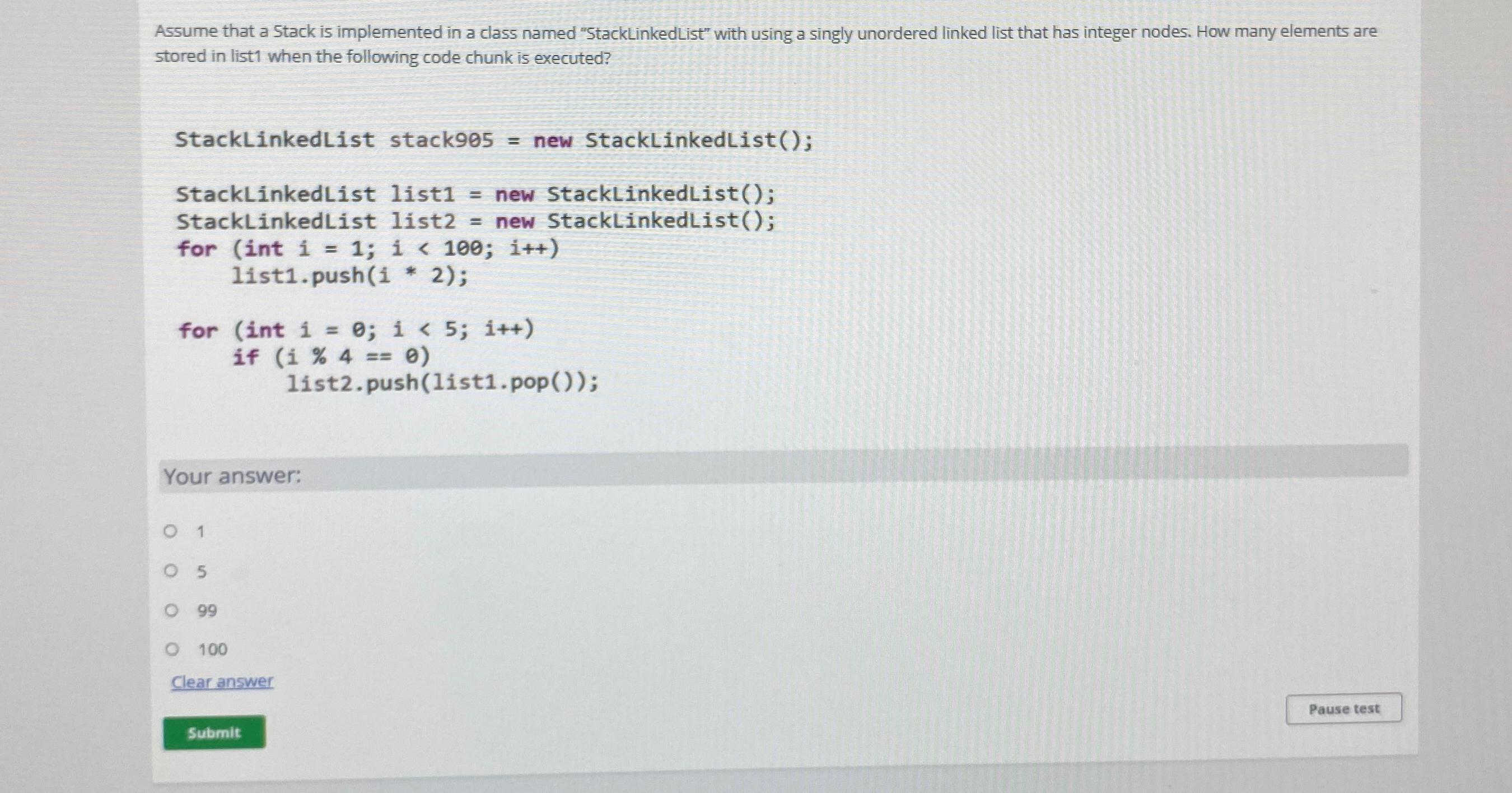  Assume that a Stack is implemented in a class named "StackLinkedList"