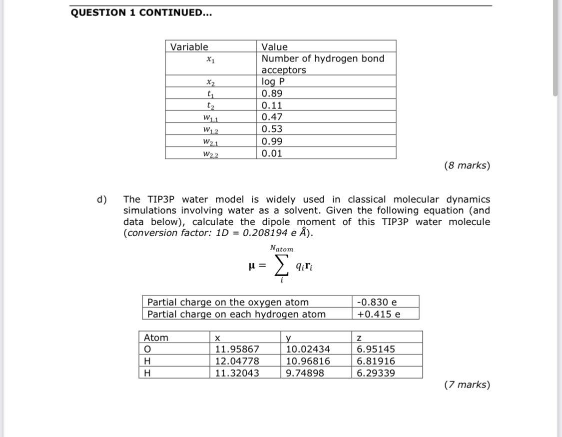 QUESTION 1 CONTINUED... (8 marks) d) The TIP3P water model is