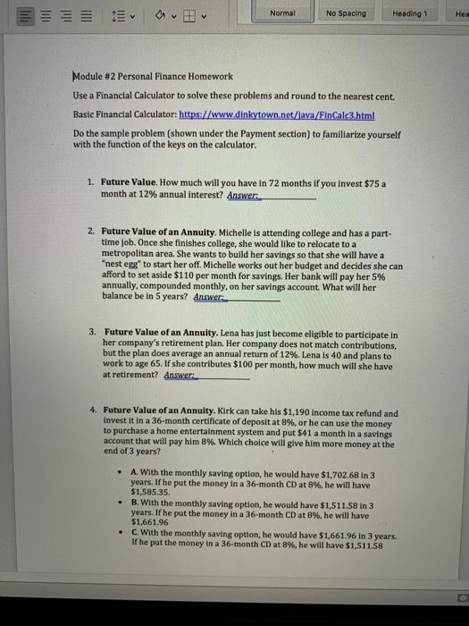  v Normal No Spacing Heading 1 Hea Module #2 Personal Finance