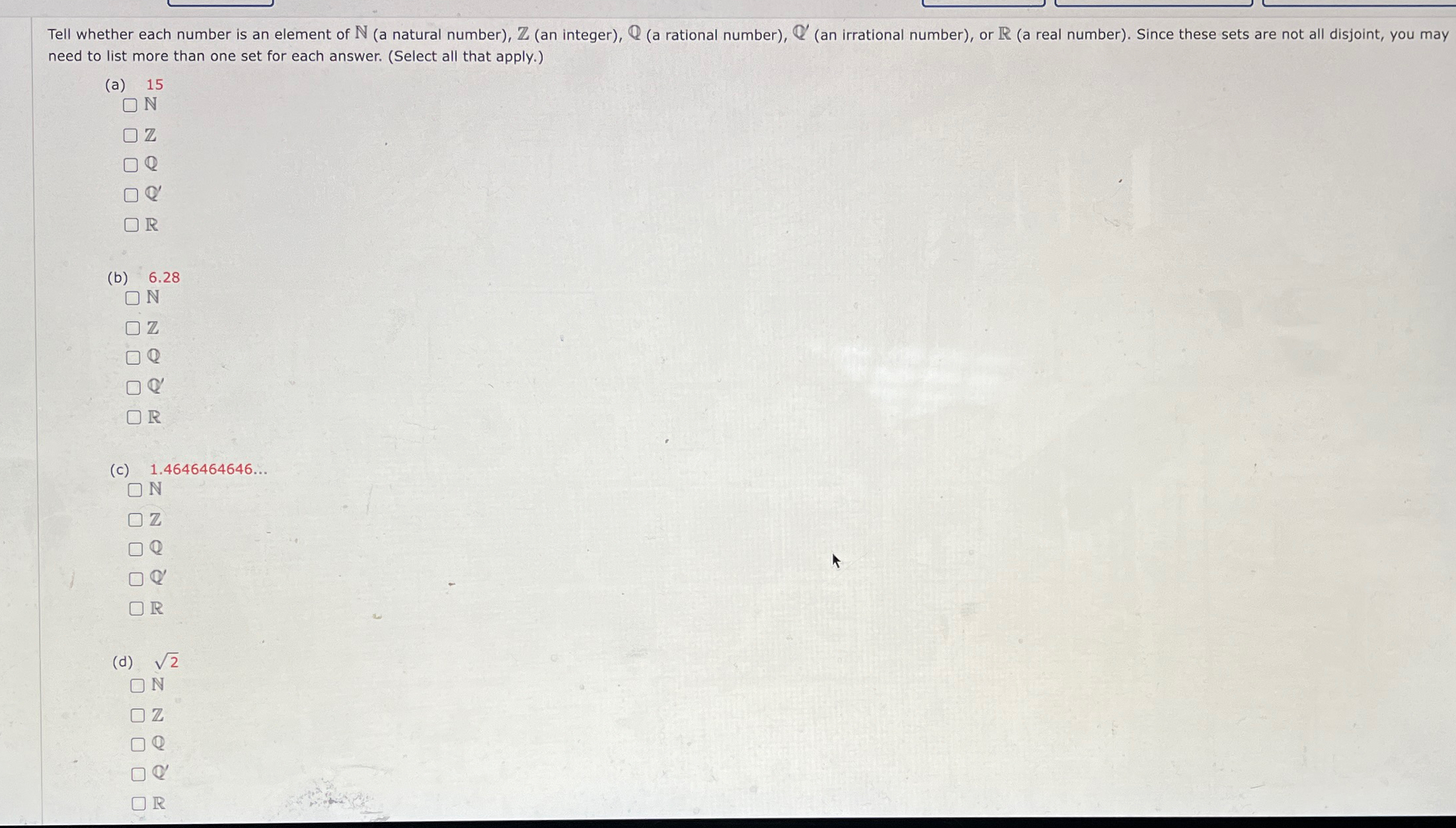  need to list more than one set for each answer. (Select