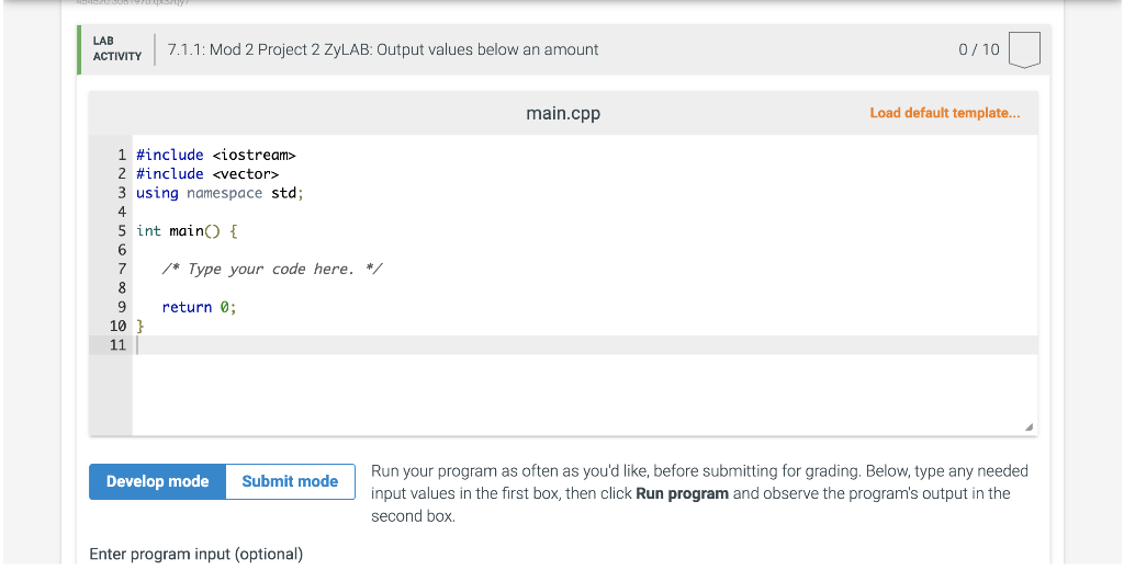 7.1 Mod 2 Project 2 ZyLAB: Output values below an amount Using