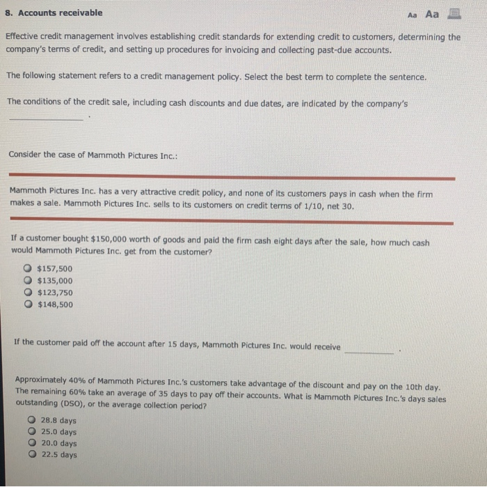  8. Accounts receivable Aa Aa E Effective credit management involves establishing
