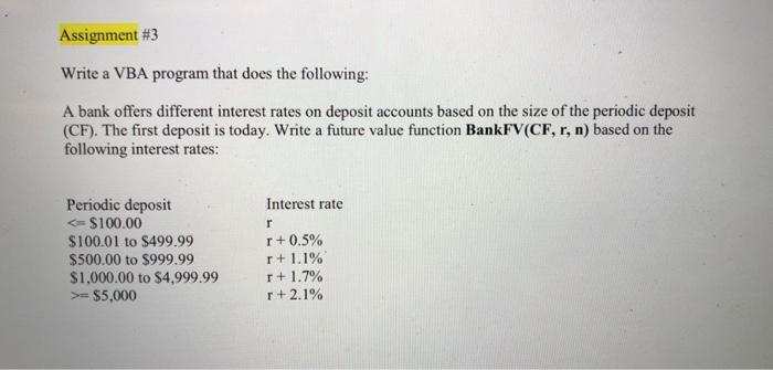  Assignment #3 Write a VBA program that does the following: A
