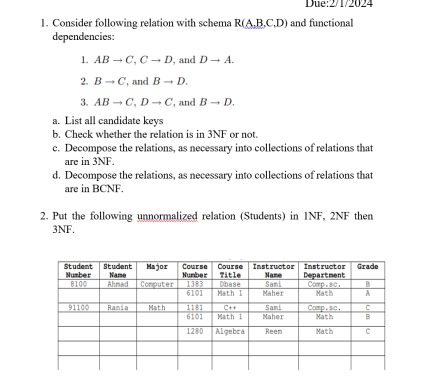  Consider following relation with schema R(A,B,C,D) and functional dependencies: ABC,CD, and