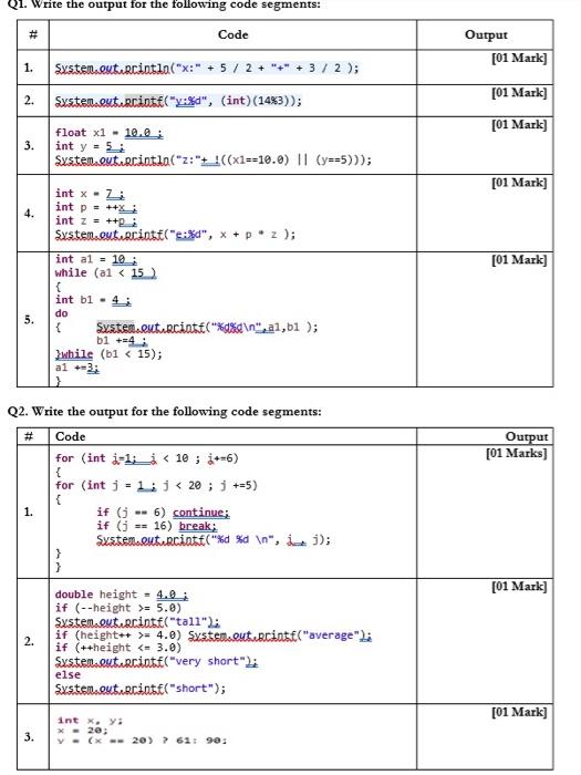 I want the outputs (java) Q1. Write the output for the following