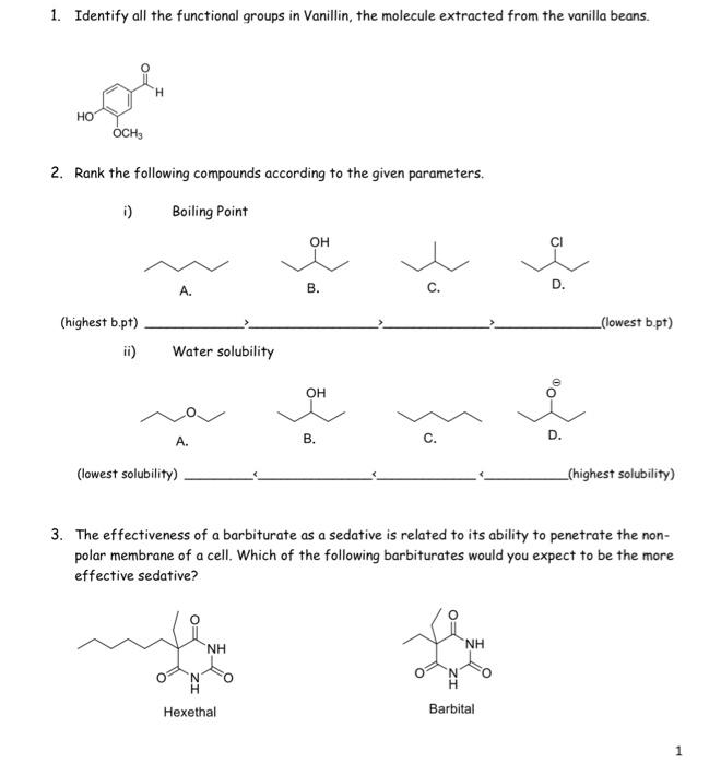 from the vanilie bears OOR 2. Rank the following compounds according to