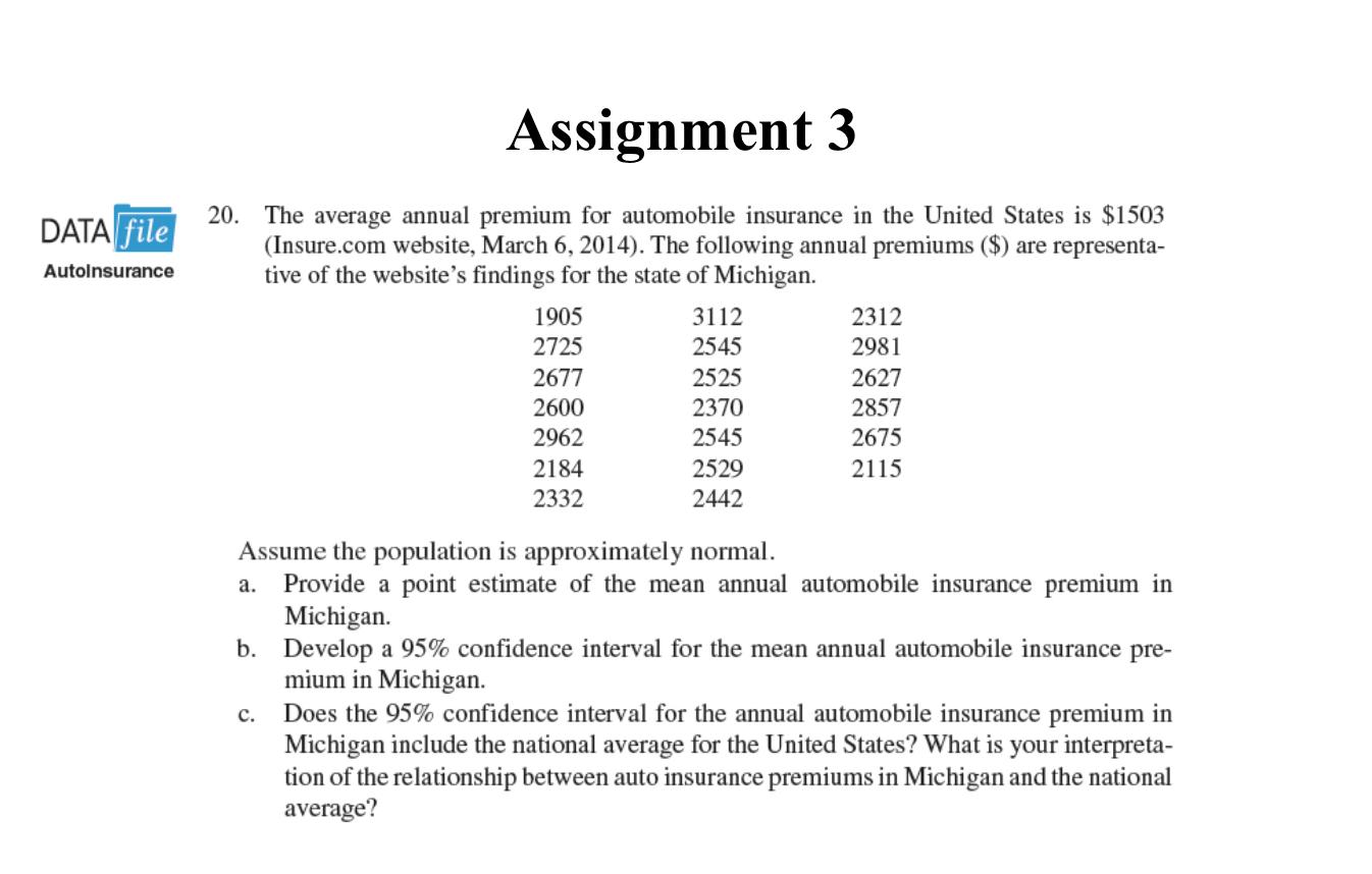  Assignment 3 DATA ?bar( file ) Autolnsurance 20. The average annual