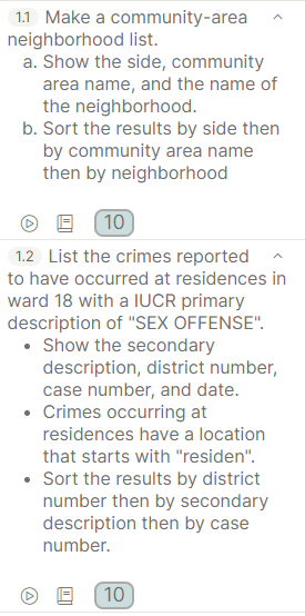 1.1 Make a community-area 1.3 List the crimes reported with a
