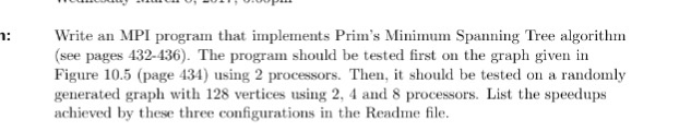  Write an MPI program that implements Prim's Minimum Spanning Tree algorithm