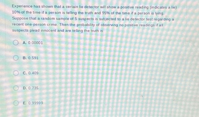 please help! Experience has shown that a certain lie detector will show