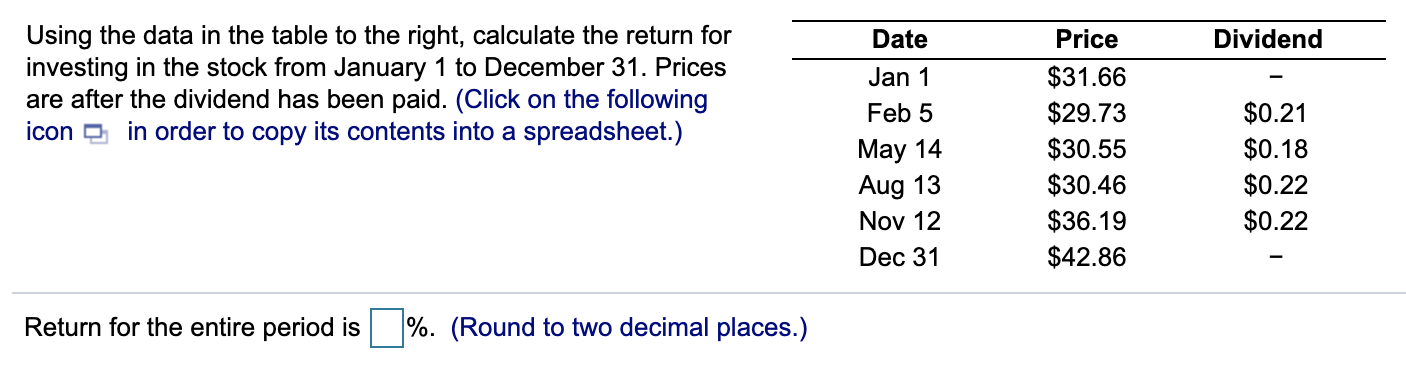  Date Dividend Using the data in the table to the right,