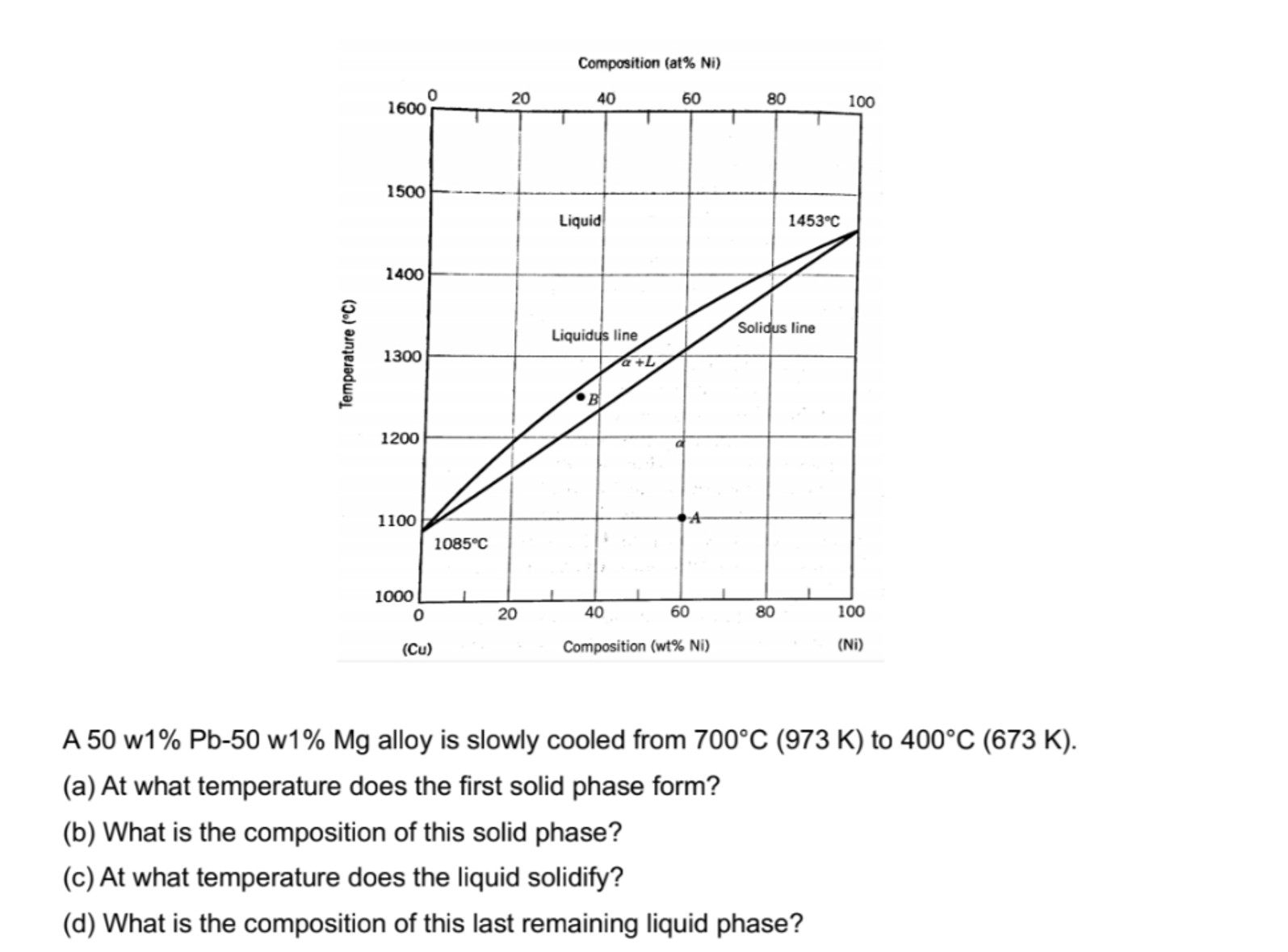  A 50w1%Pb-50w1%Mg alloy is slowly cooled from 700C(973K) to 400C(673K). (a)