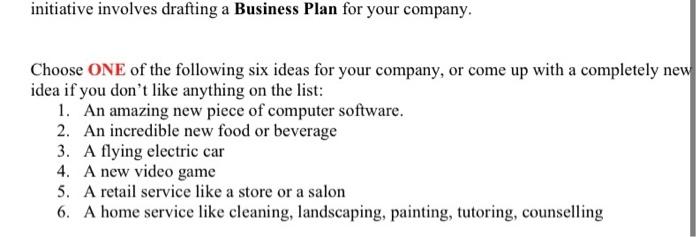  initiative involves drafting a Business Plan for your company. Choose ONE