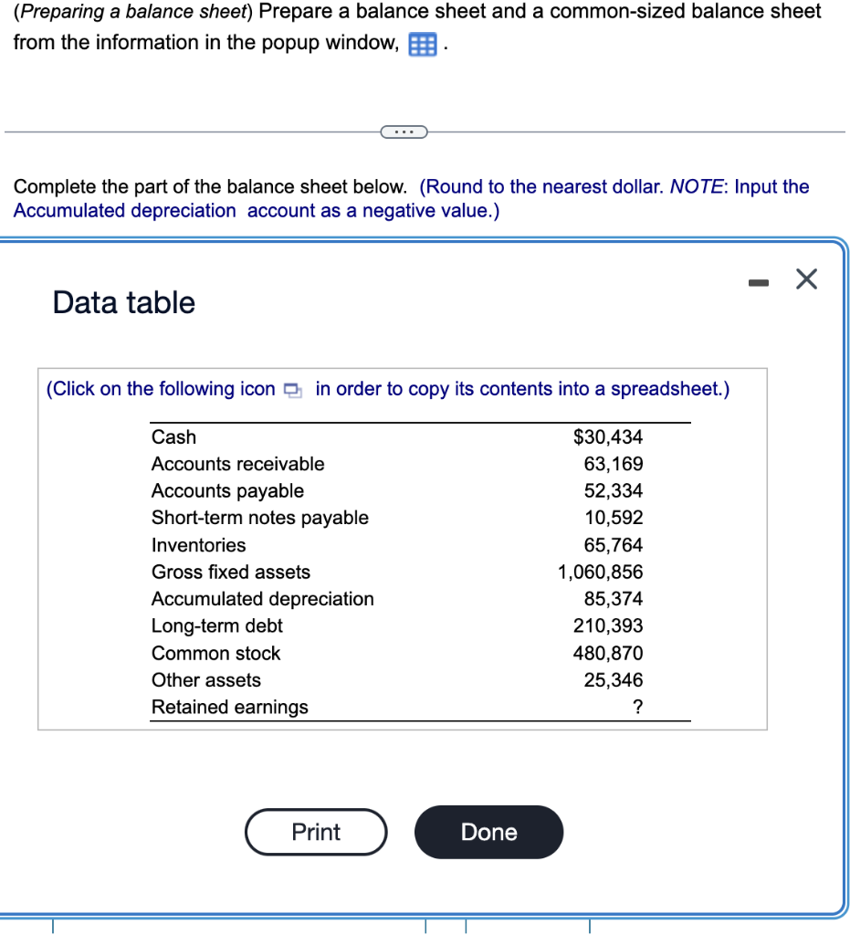 (Preparing a balance sheet) Prepare a balance sheet and a common-sized
