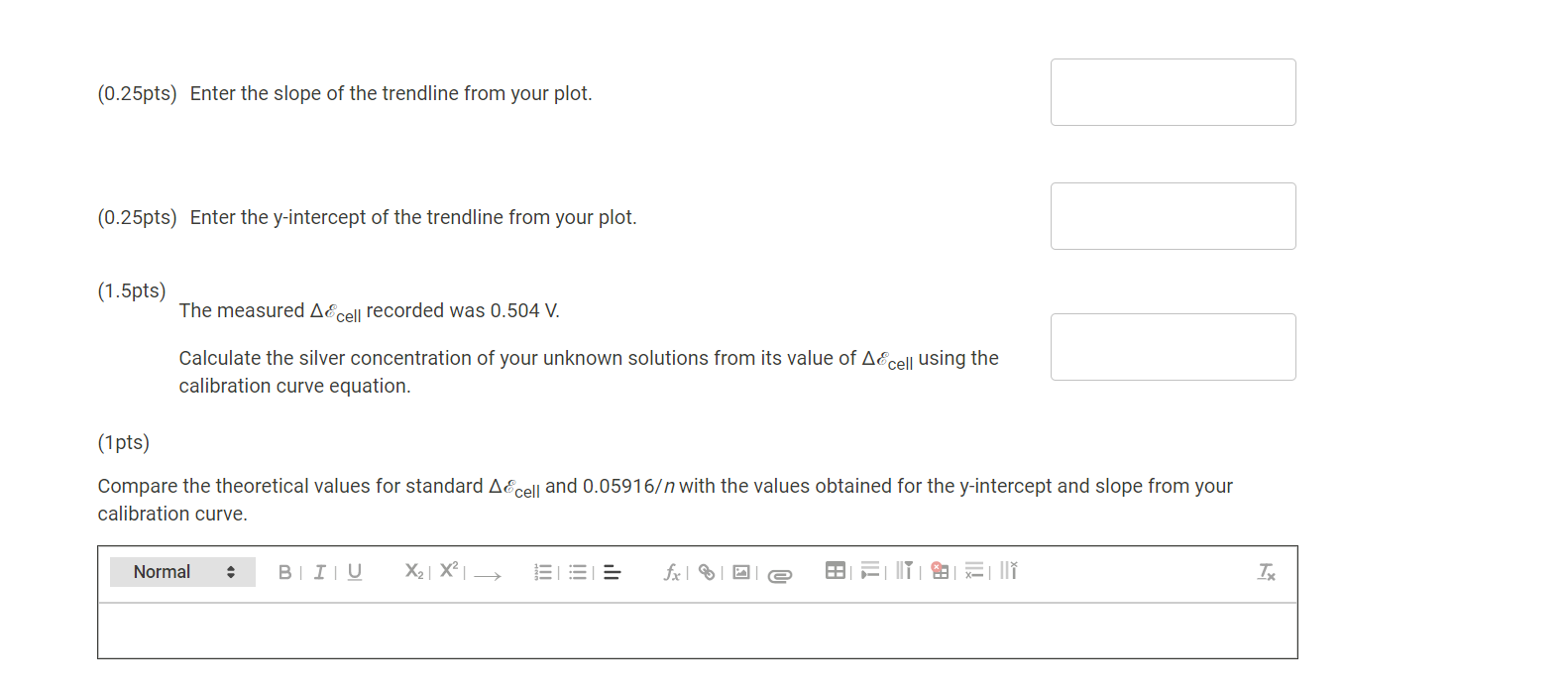 Cell potential for Agt standard solutions [Ag+1(M) A&cell (V) Standard 1 0.040