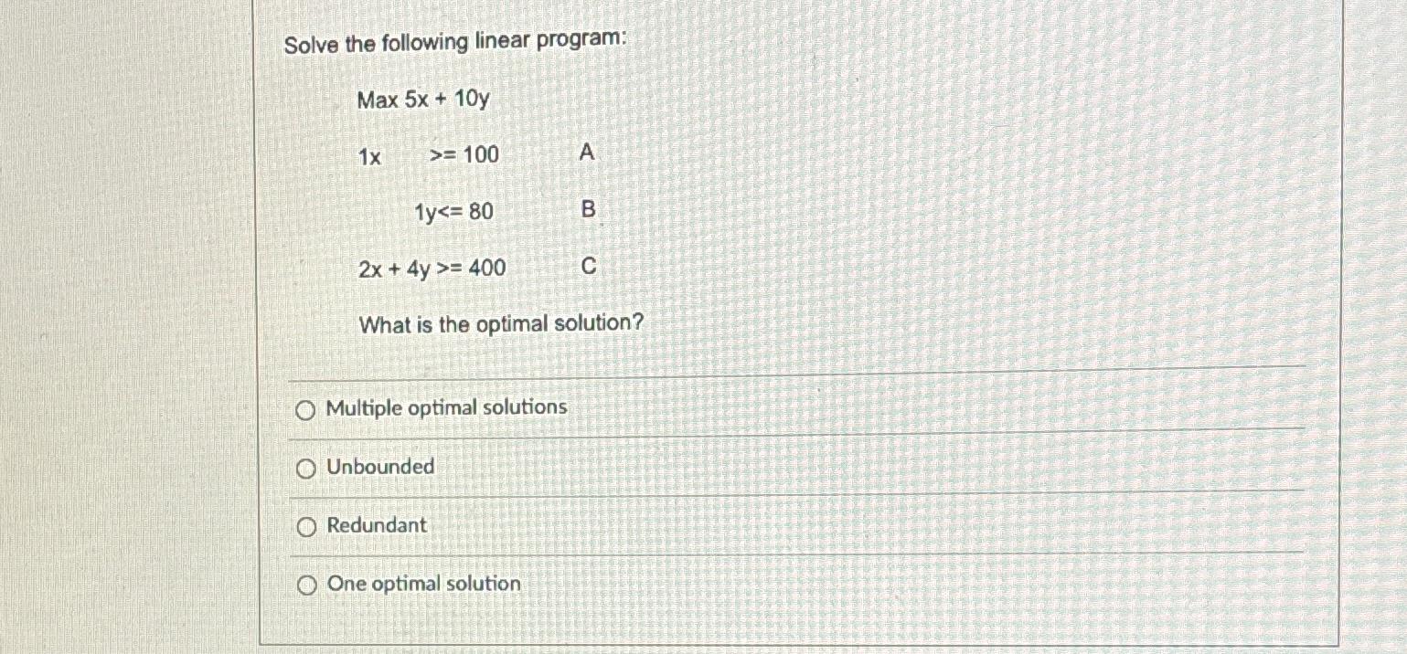  Solve the following linear program: Max5x+10y 1x,100 1y80 2x+4y400 A B
