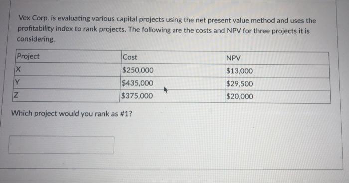  Vex Corp. is evaluating various capital projects using the net present