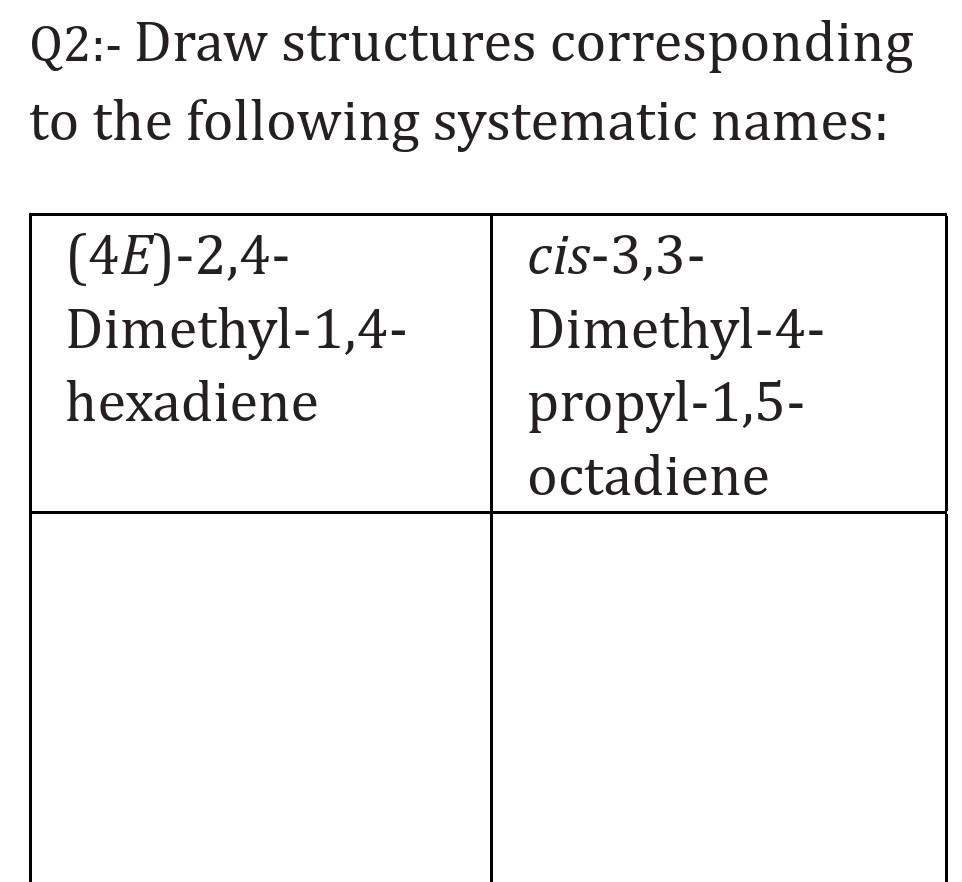  Q2:- Draw structures corresponding to the following systematic names