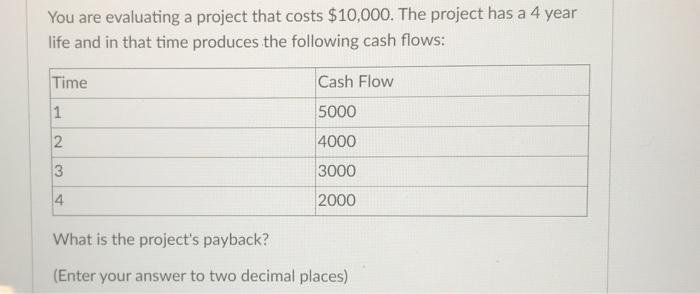  You are evaluating a project that costs $10,000. The project has