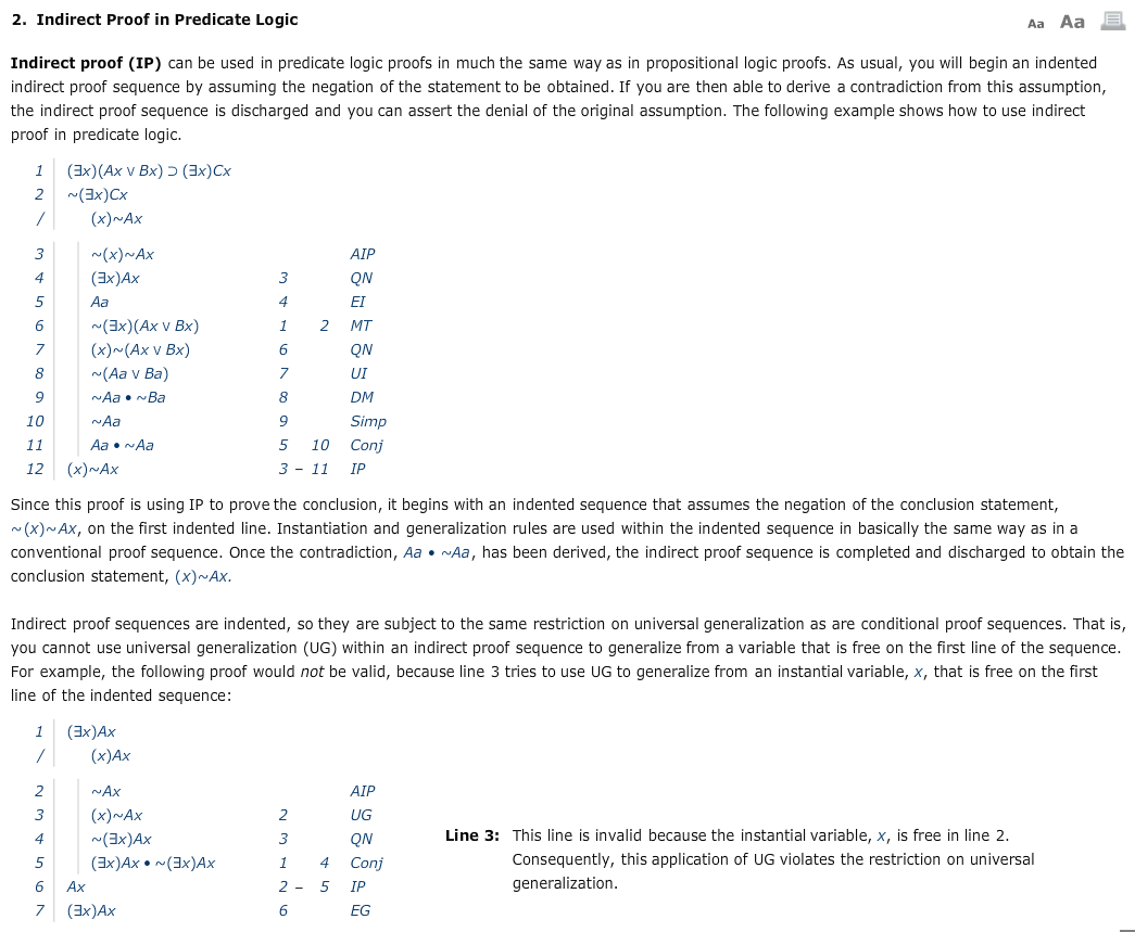 Indirect Proof in Predicate Logic. Question is shown at the bottom with