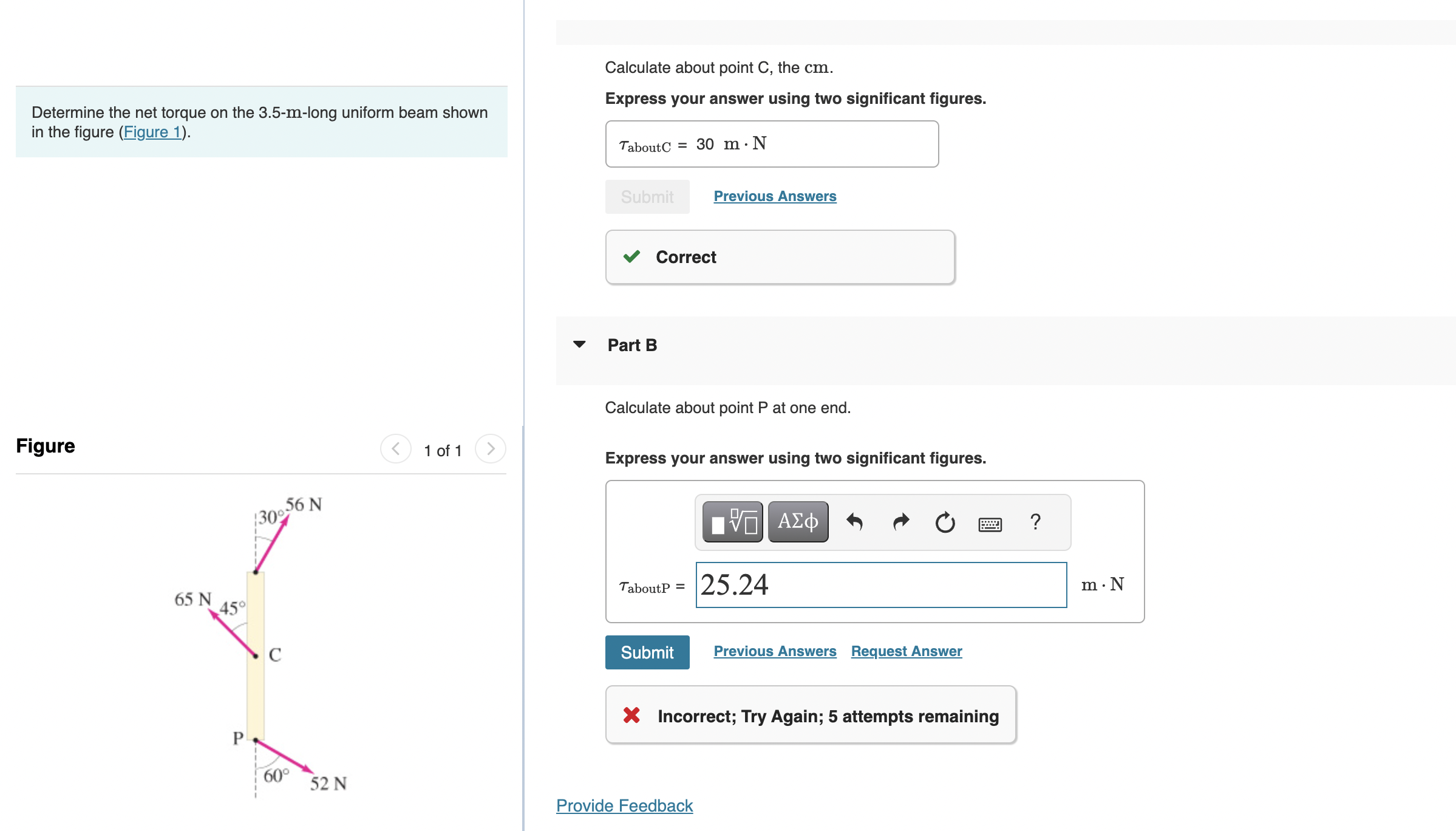  Determine the net torque on the 3.5-m-long uniform beam shown in