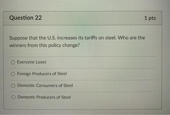  Question 22 1 pts Suppose that the U.S. increases its tariffs