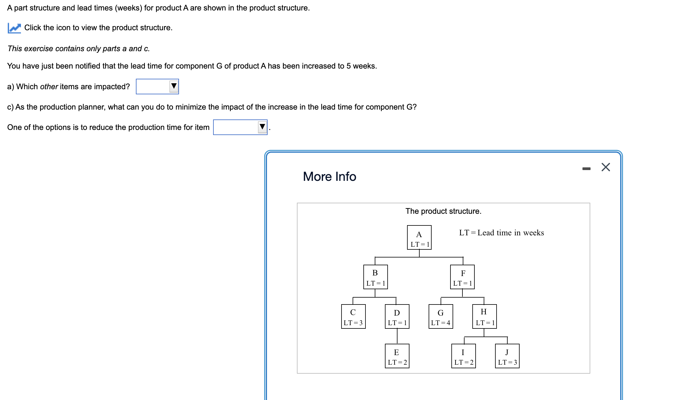  A part structure and lead times (weeks) for product A are