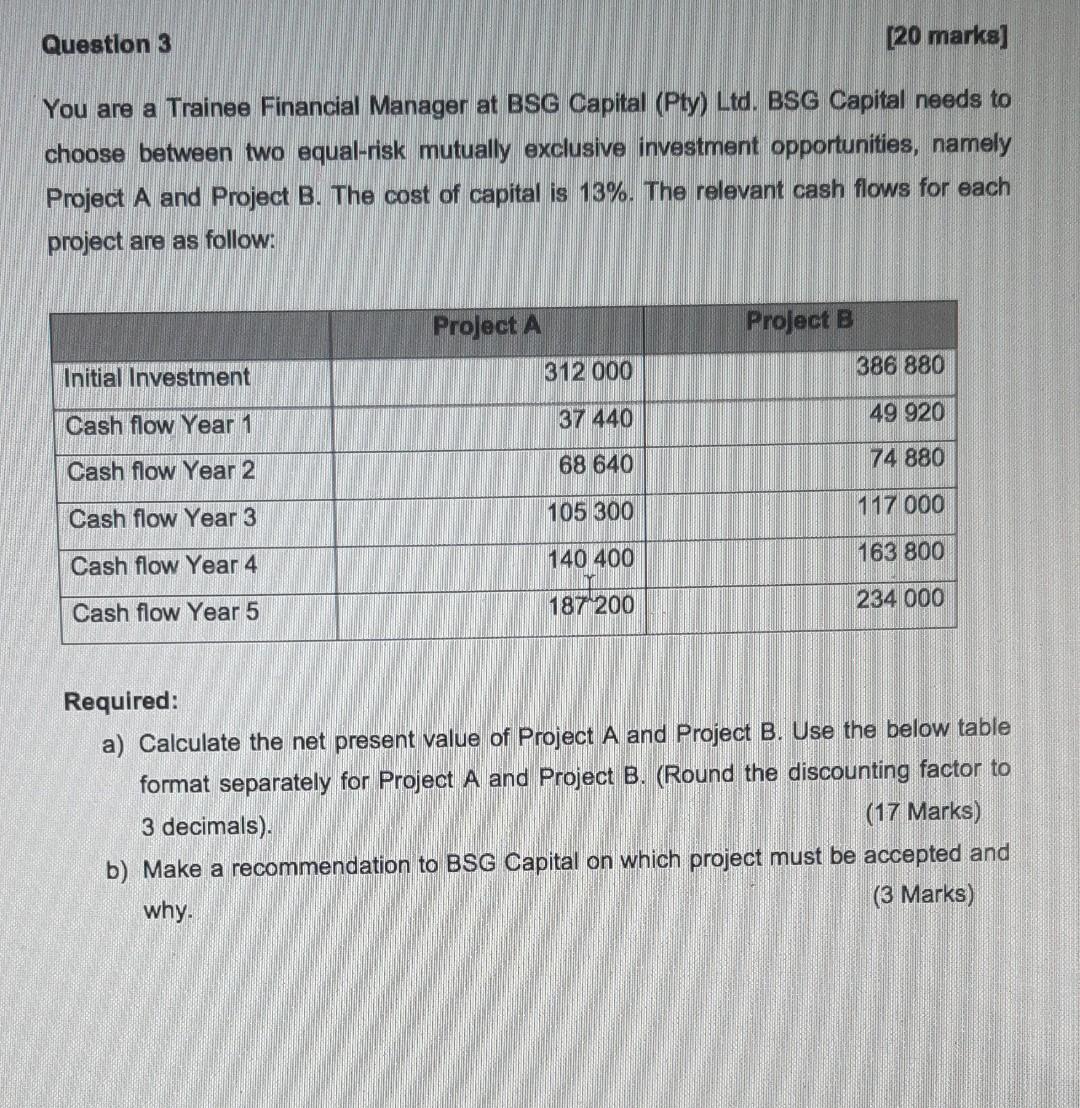  Question 3 [20 marks] You are a Trainee Financial Manager at