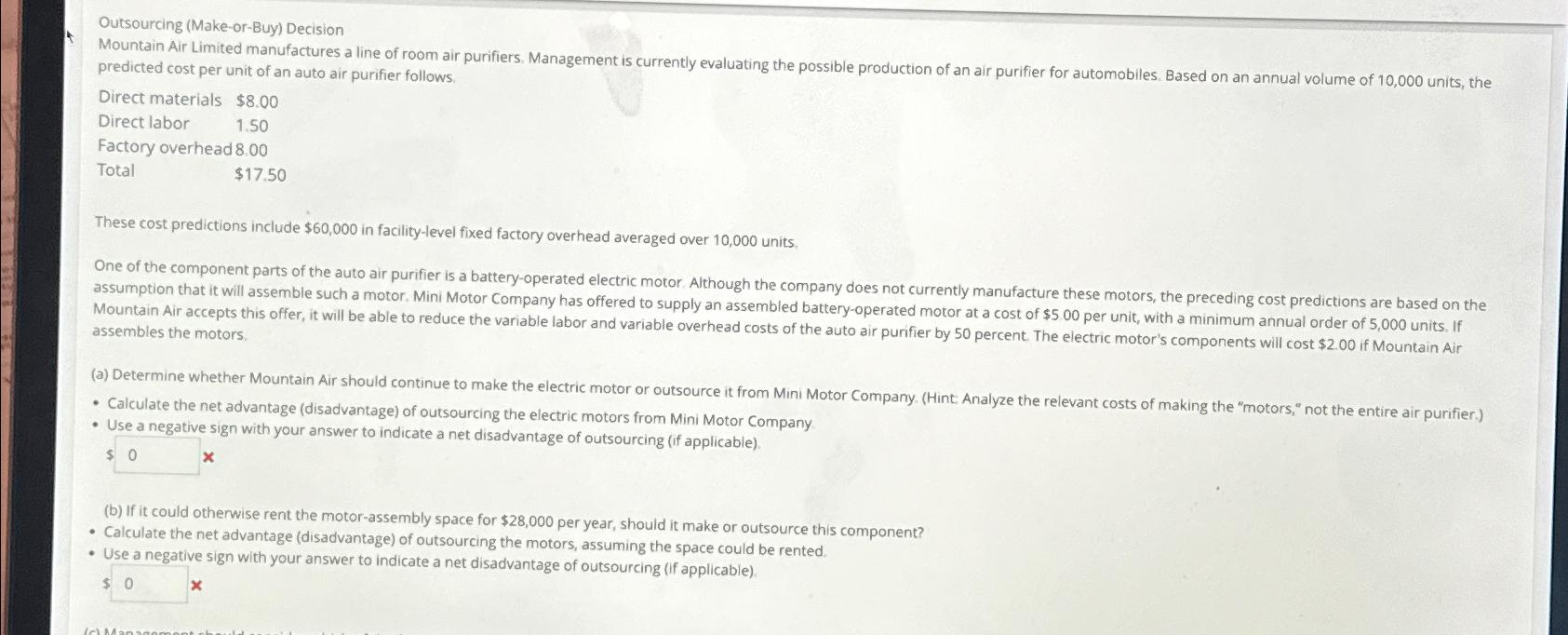  Outsourcing (Make-or-Buy) Decision predicted cost per unit of an auto air