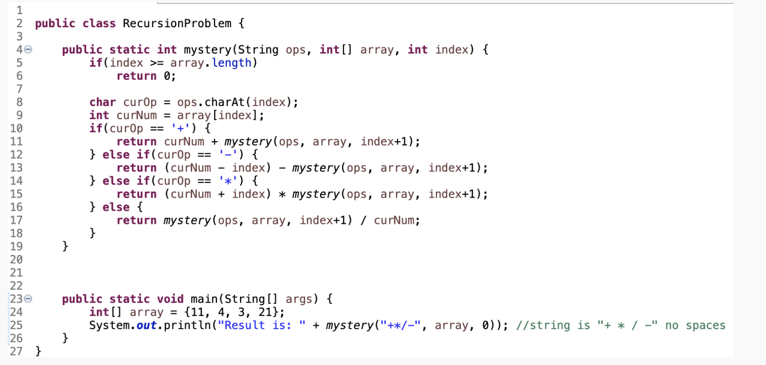 Trace the following Java recursion by hand showing each iteration in the