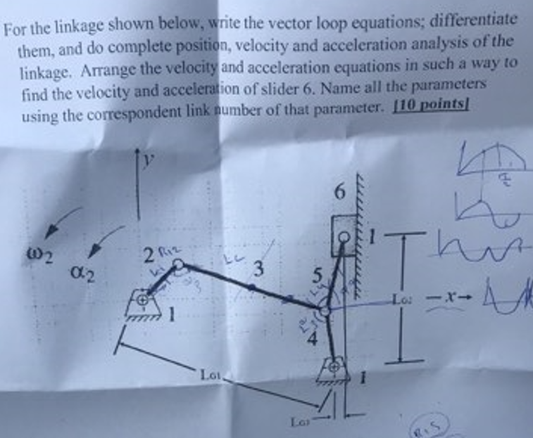  For the linkage shown below, write the vector loop equations; differentiate