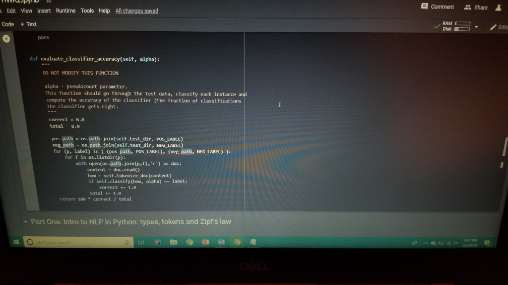 functions n word_types, n.word_tokens in the Preprocessing Block. Note: you will have