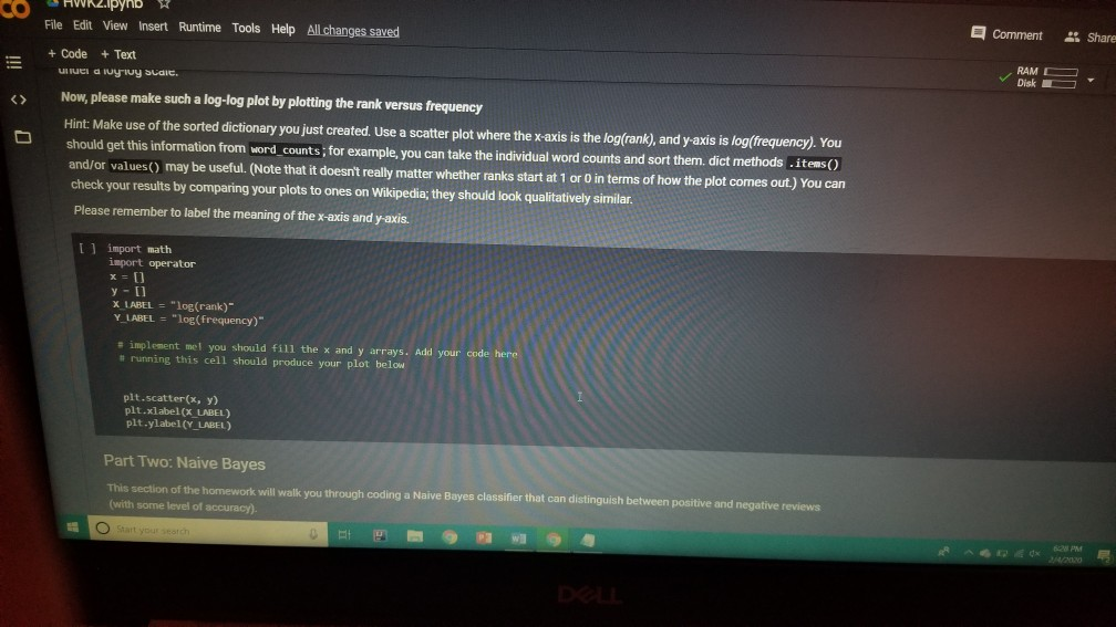 points) Fill out the functions n_word_types, n_word_tokens in the Preprocessing Block. Note: